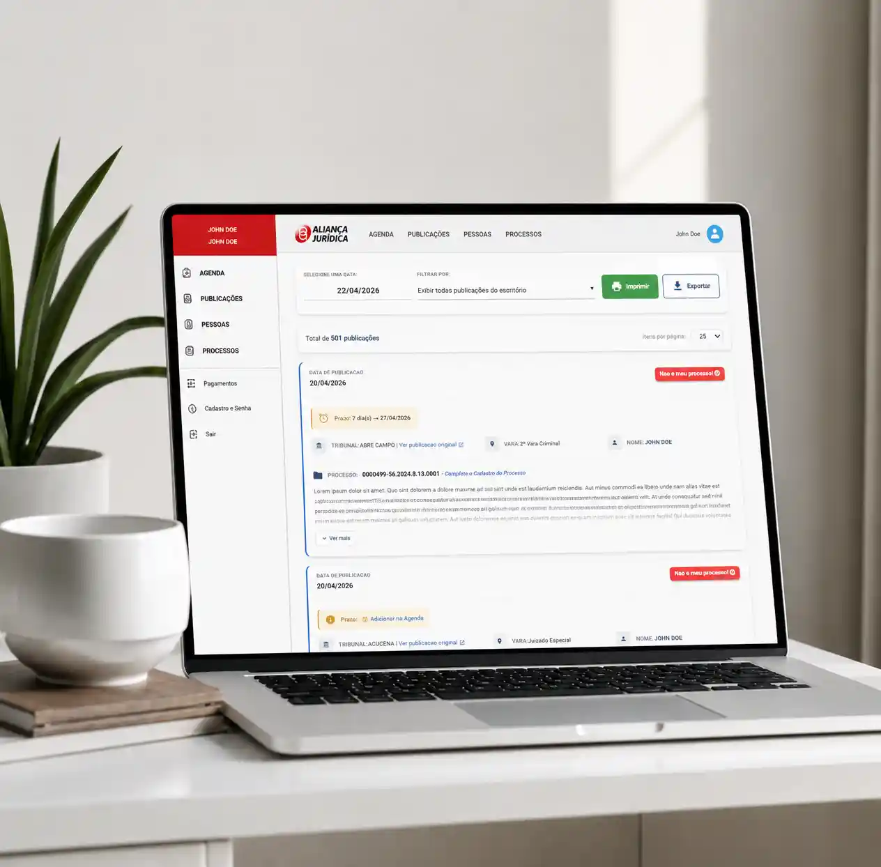 Dashboard jurídico Aliança Jurídica